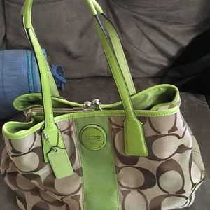 Green and tan coach purse